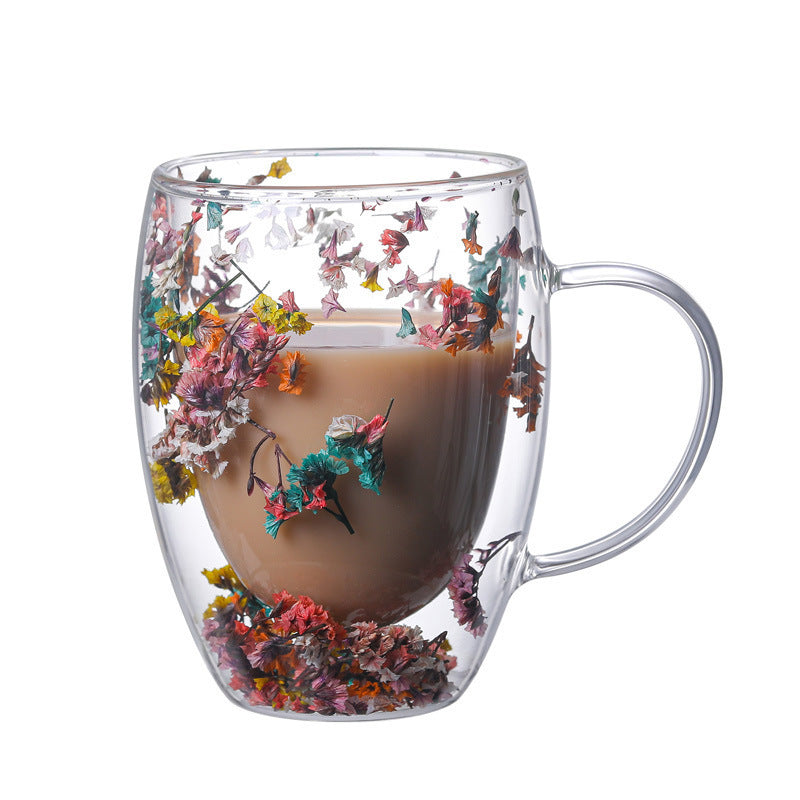 Tasse Ă double paroi en verre borosilicate avec fleurs naturelles
